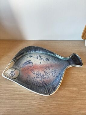 Halibut Fish-Shaped Ceramic Serving Platter in Blue and Coral Hues